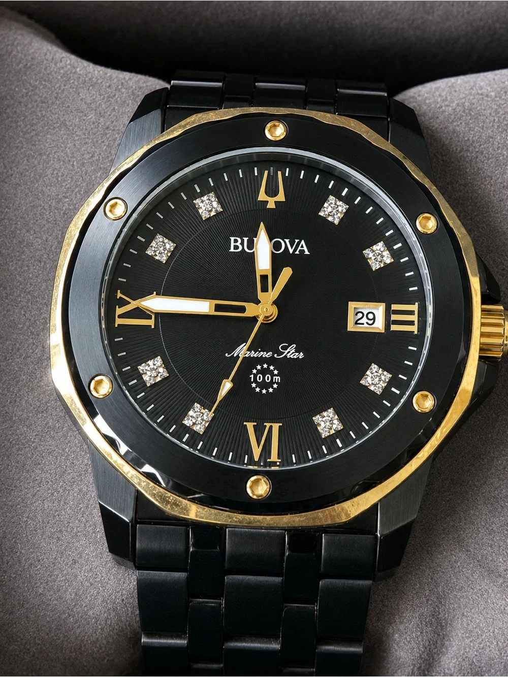 Bulova Black and Gold Ceramic Dress Watch with Crystal Accents
